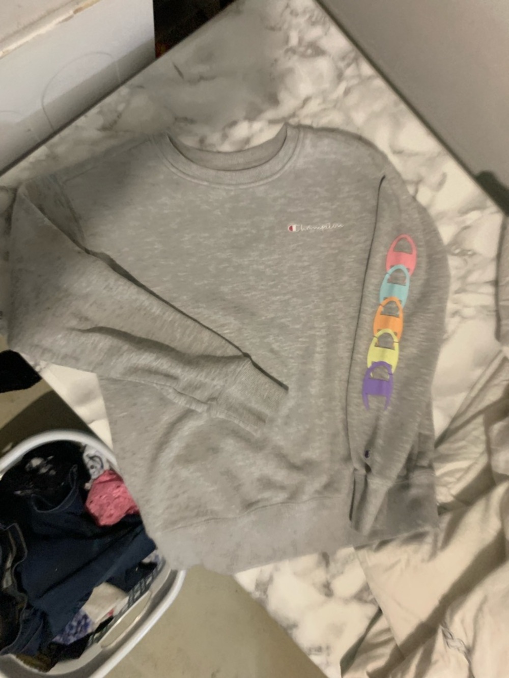 Champion Gray Crewneck with Multicolor Sleeve Logos